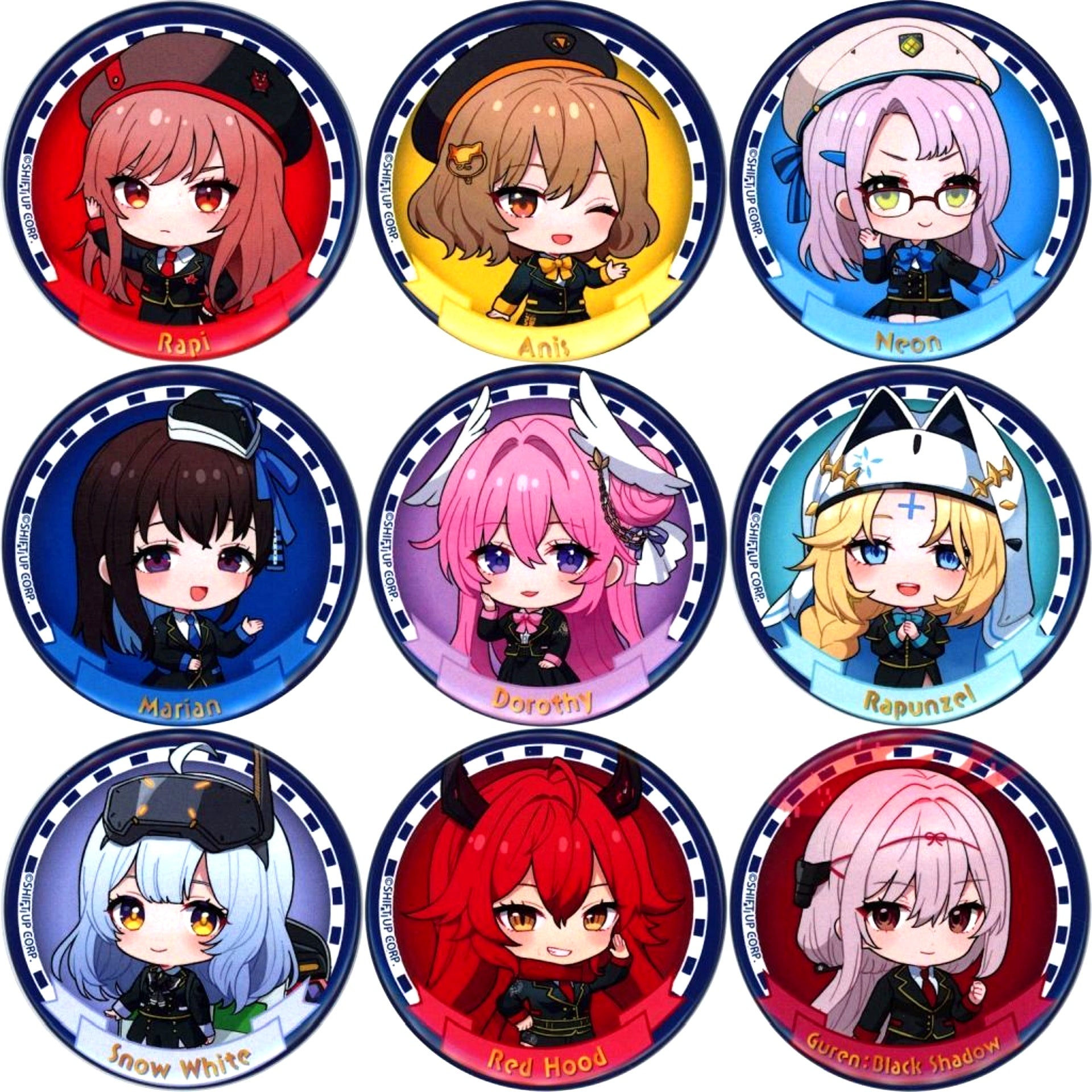 Set of 9 Goddess of Victory: Nikke POP UP STORE Button 01 Station Attendant Outfit Ver. Mini Character Illustration [USED]