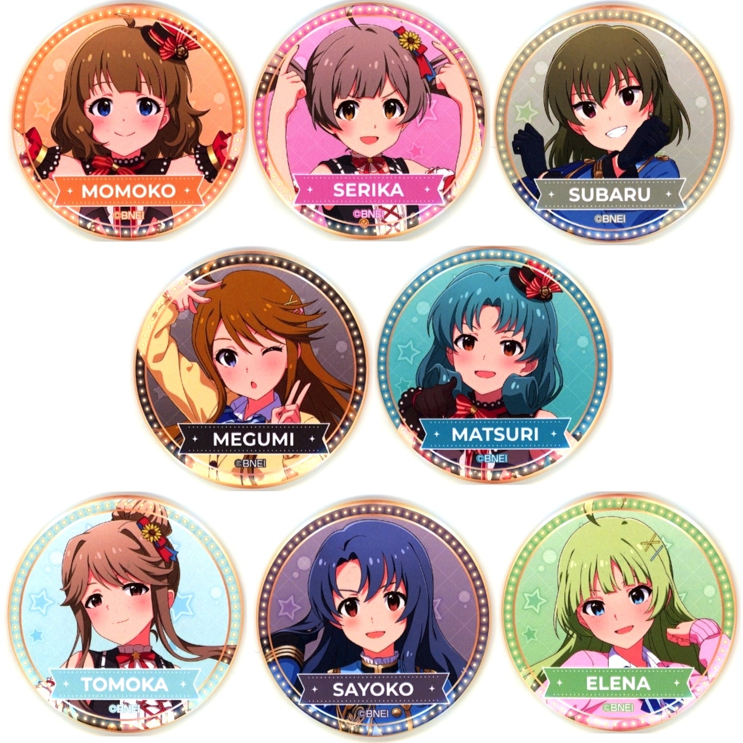 Set of 8 The Idolmaster Million Live Stardom Road Theater Collabo Cafe in ORB Cafe & Clove Lounge Badge Normal Proportions Illustration Ver. [USED]