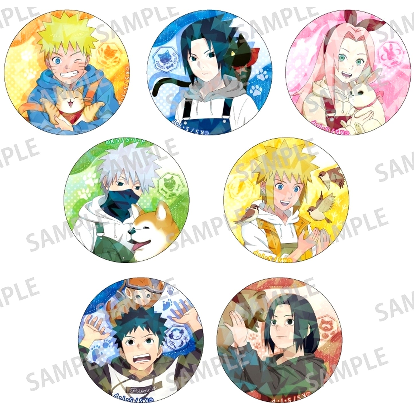 Set of 7 Naruto Shippuden Trading Hologram Button Childhood x Animal [USED]