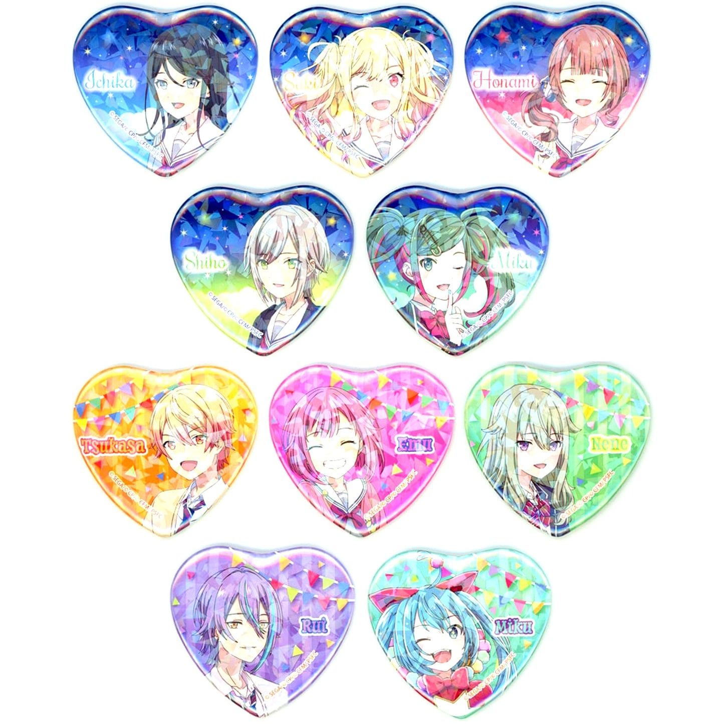 Set of 10 Project SEKAI Glitter Big Heart Shape Button Vol.1 EX Movie Broken Sekai and Miku Who Cant Sing [USED]