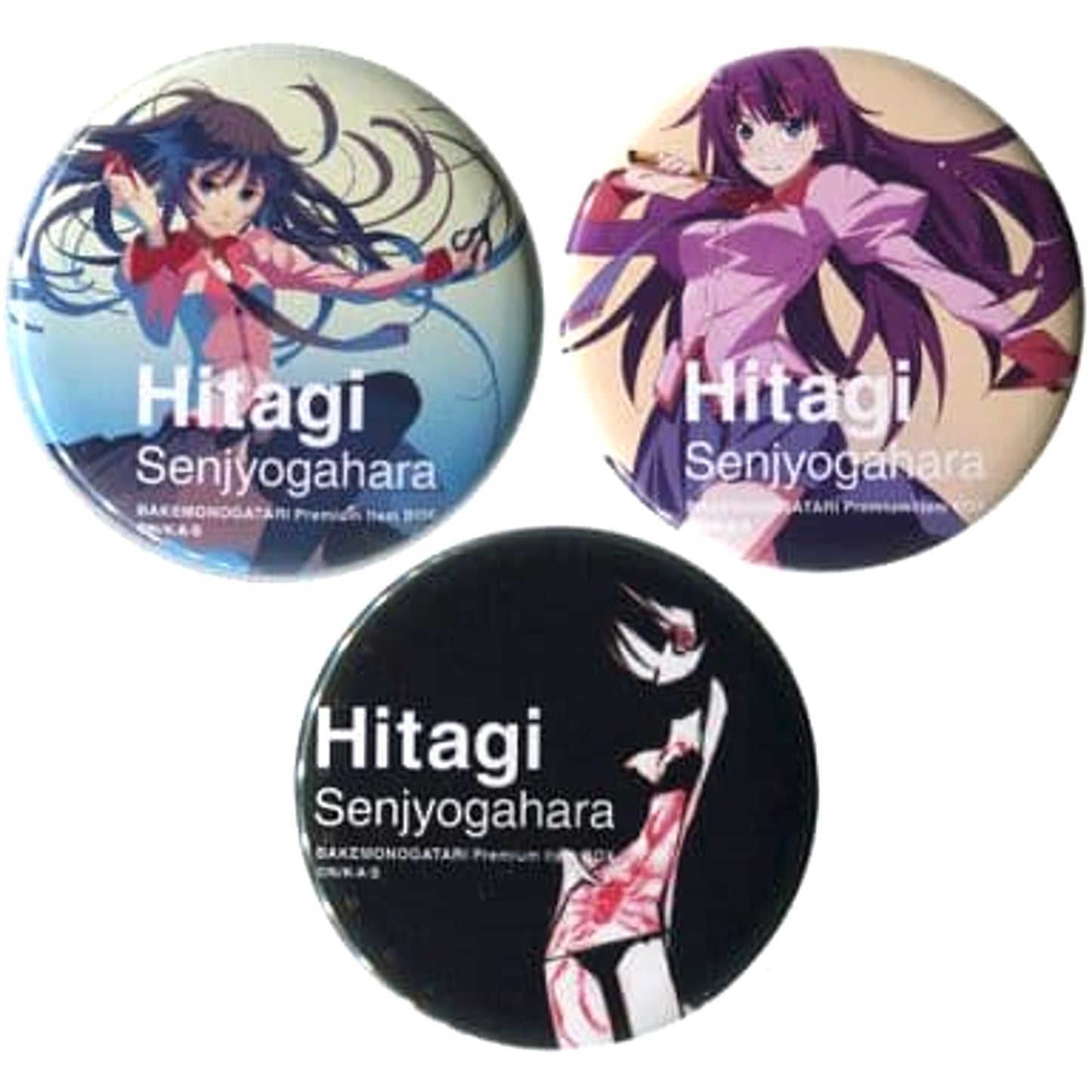 Bakemonogatari Hitagi Senjougahara Can Badge Premium Item BOX Bonus Set of 3 Buttons [USED]
