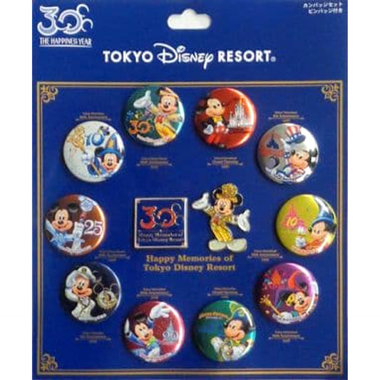 Disney Mickey Mouse & Others Can Badge Set Tokyo Resort 30th Anniversary The Happiness Year Tokyo Disney Resort Limited 10 Items Plus 2 Pin Badges Buttons [USED]