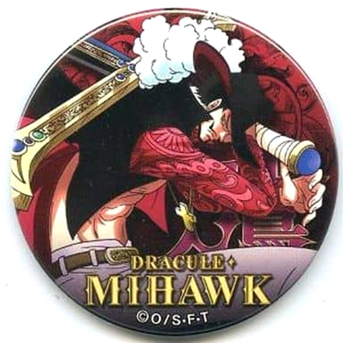 One Piece Dracule Mihawk Hawk Yakara Can Badge Pink&Gold Buttons [USED]