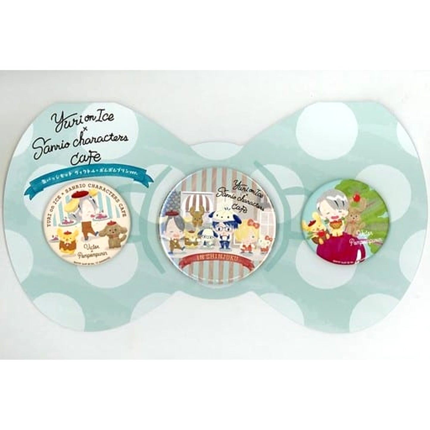 Yuri!!! on Ice X Sanrio Characters Victor Pompompurin Mackachin Can Badge Set Sanrio Characters Cafe Limited Buttons [USED]