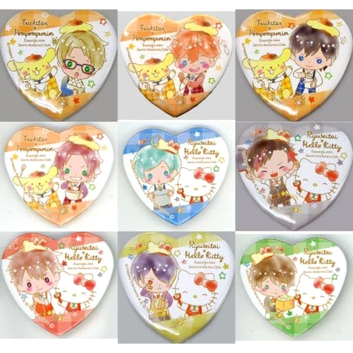 Ensemble Stars! X Sanrio Characters Cafe Makoto Yuuki & Others Heart Shaped Can Badge A All 9 Types Set Buttons [USED]