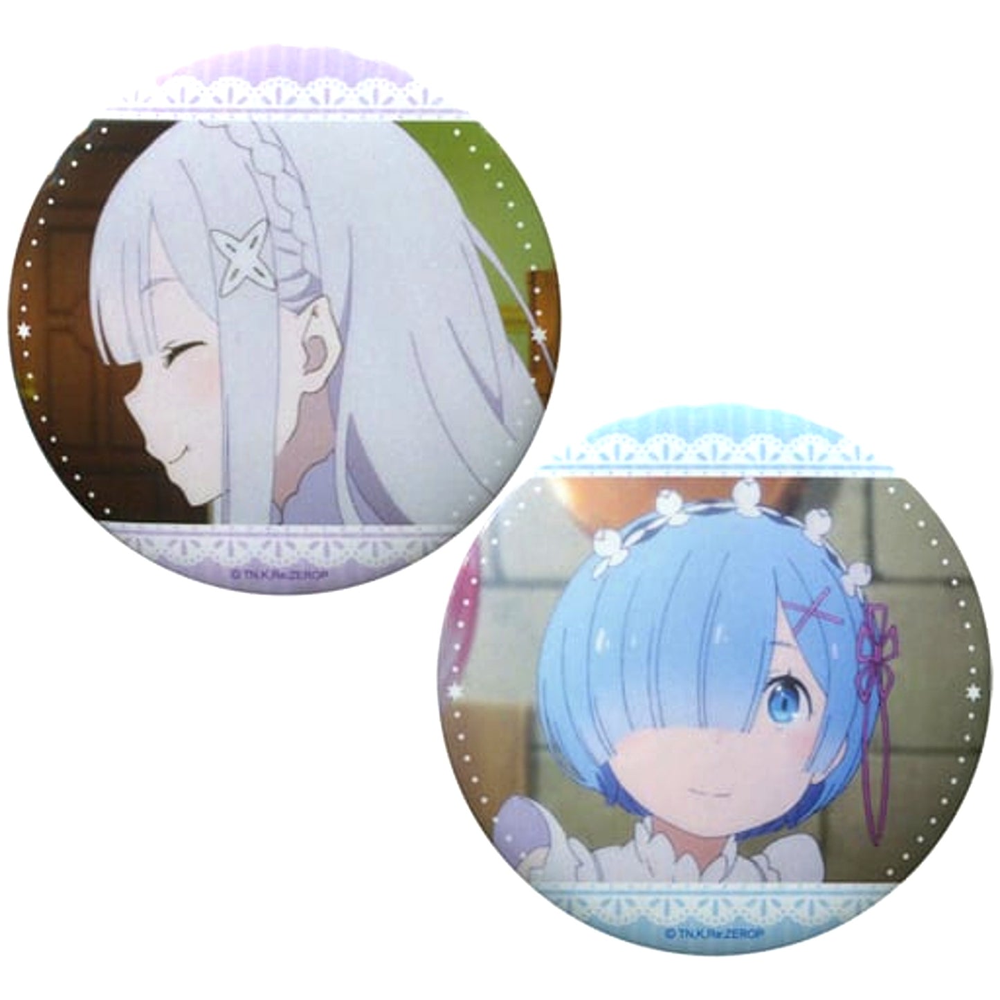 Set of 2 Emilia & Rem Re:Zero Starting Life in Another World Huge Buttons Memory Snow Kadokawa Cinema Shinjuku Limited [USED]