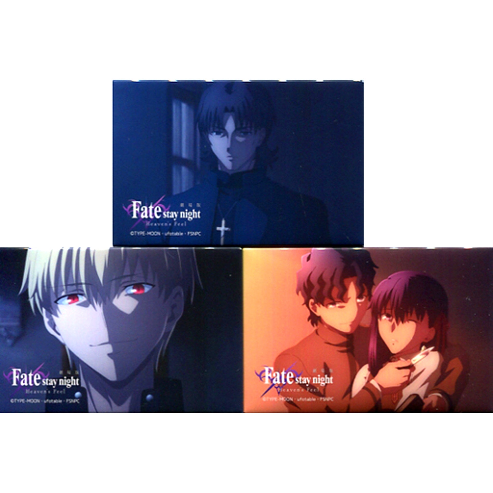 Set of 3 Kirei Kotomine and Gilgamesh and Shinji and Sakura Fate/stay night Heaven's Feel II. lost butterfly Scene Shot Square Button C Theater Goods [USED]