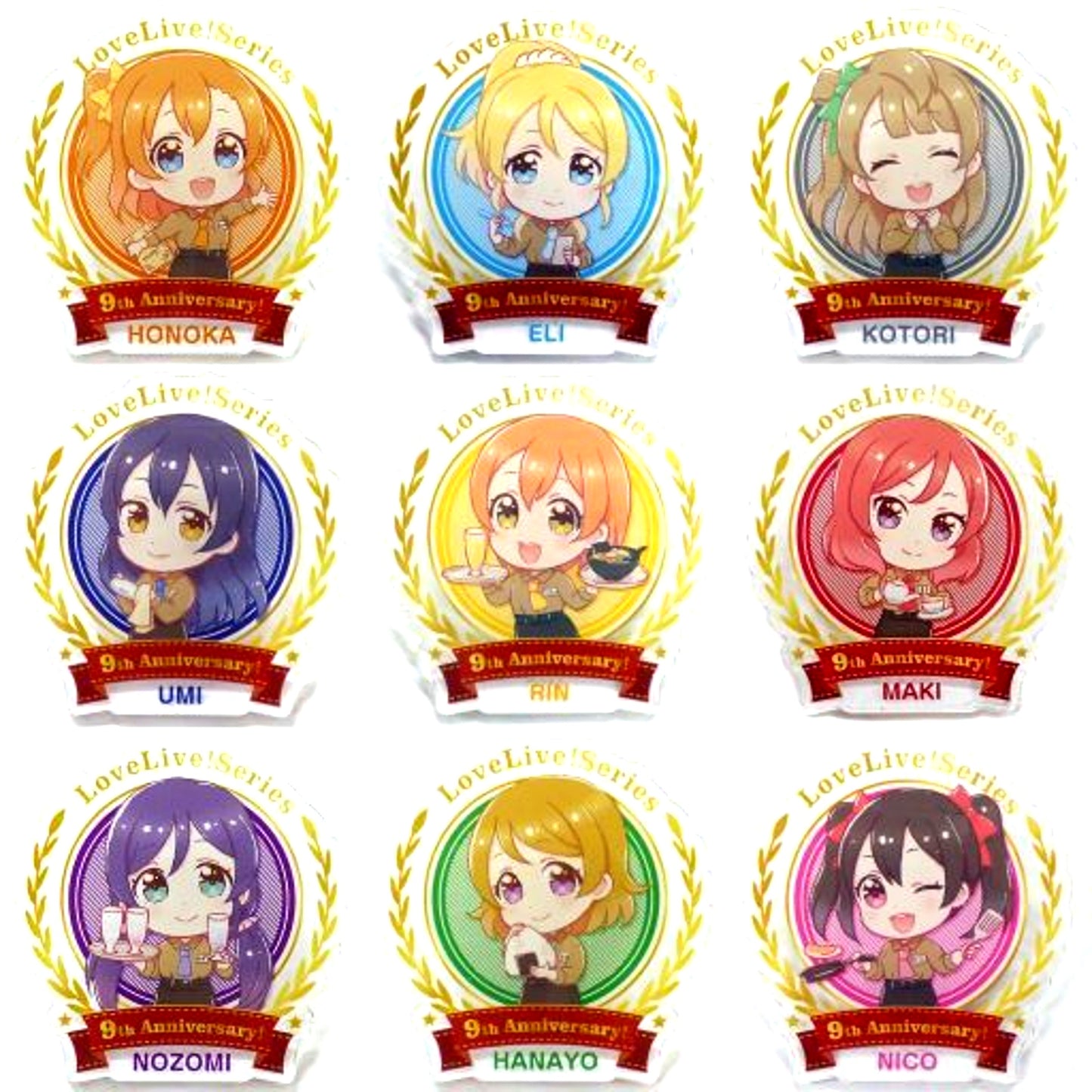 Set of 9 Love Live! Series 9th Anniversary! Mu's Cafe Deformed Acrylic Badge Sega Collabo Cafe [USED]