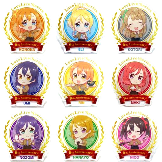 Set of 9 Love Live! Series 9th Anniversary! Mu's Cafe Deformed Acrylic Badge Sega Collabo Cafe [USED]