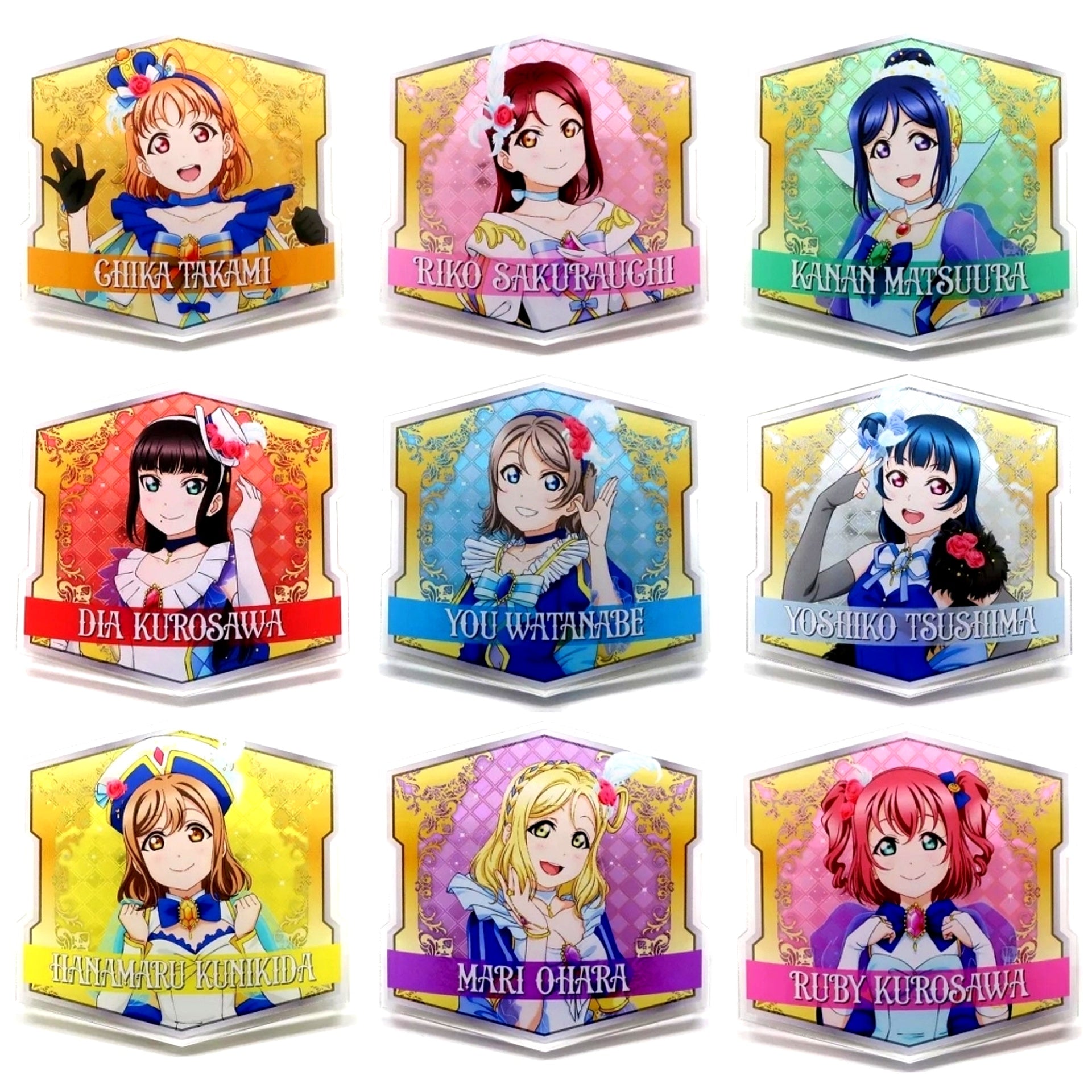Set of 9 B Prize Love Live! Sunshine!! Acrylic Badge Love Live! Series x Atre Akihabara Minigame You's Kaleidoscope [USED]