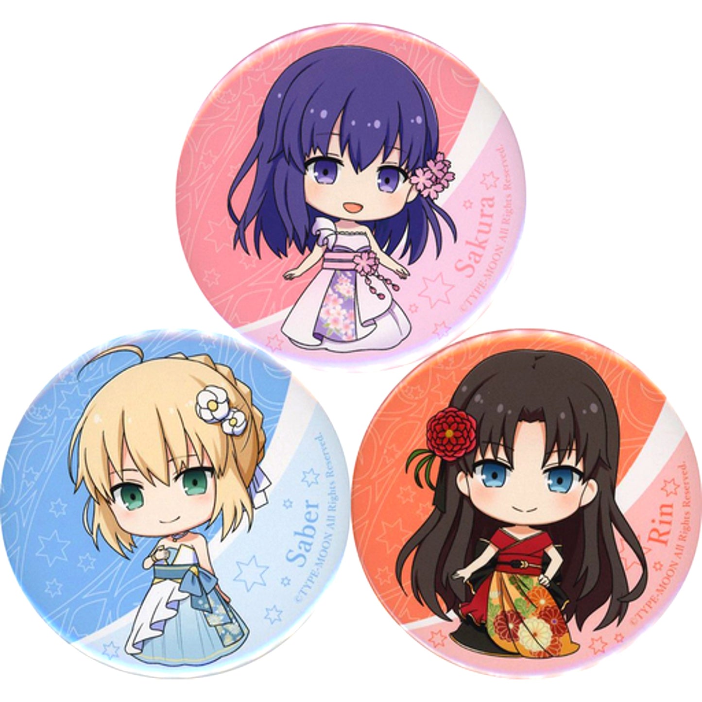 Set of 3 Saber Rin Tohsaka Sakura Matou Fate/stay night Mini Character Big Button Zensho Net Store Limited Nakau x Fate/stay night 15th Celebration Project [USED]