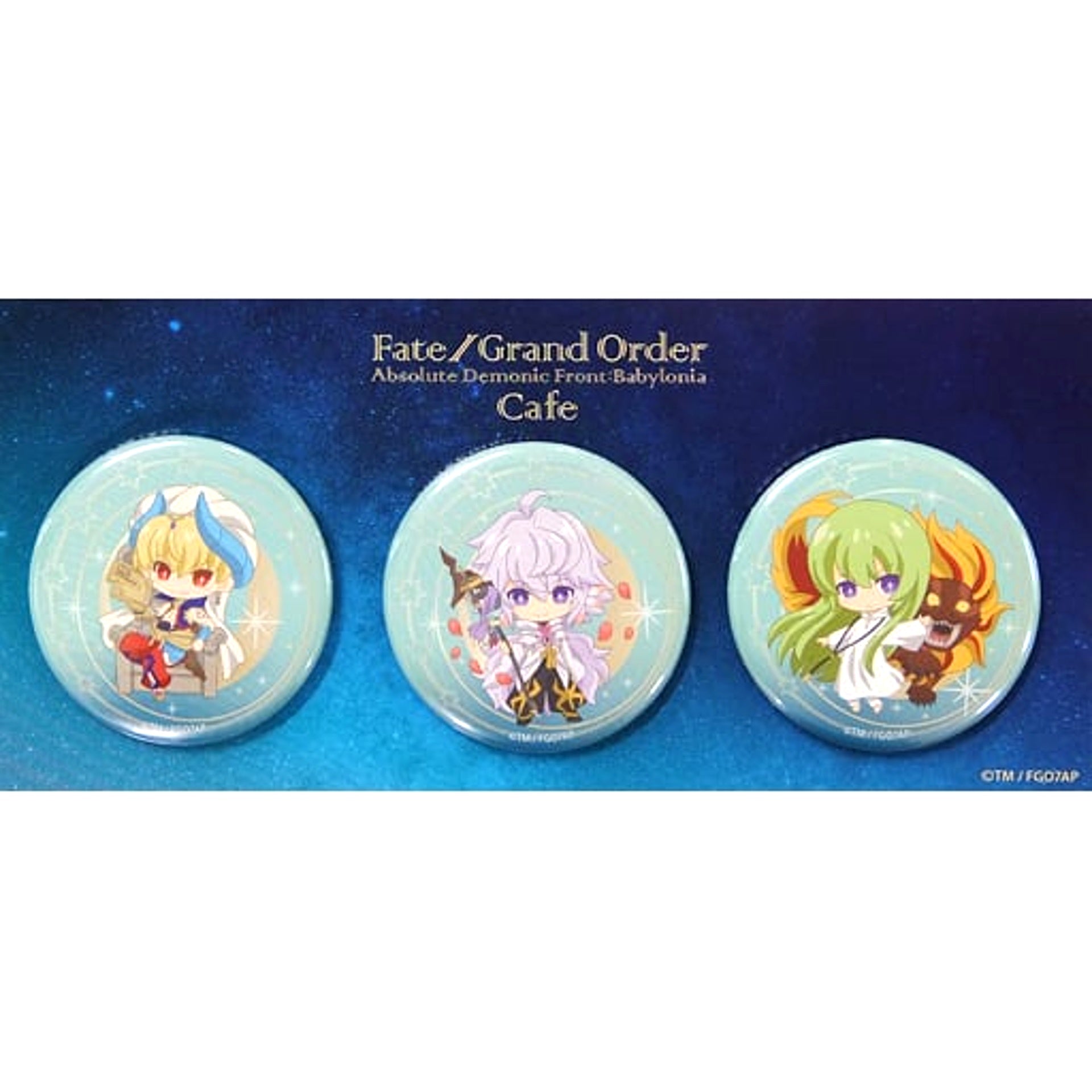 Set of 3 Gilgamesh and Merlin and Kingu Fate/Grand Order Absolute Demonic Front Babylonia Button Limited Cafe [USED]