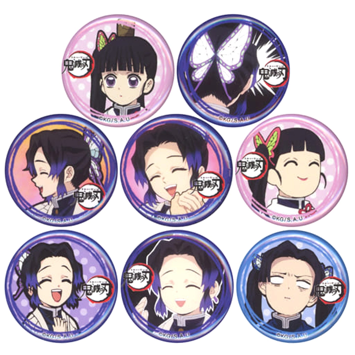 Demon Slayer: Kimetsu no Yaiba Shinobu Kocho & Others Loose Face Can Badge Shinobu Kocho & Kanao Tsuyuri & Aoi Kanzaki Ver. Character Emaki Cafe in Ufotable Cafe 6th Period Limited All 8 Types Set Buttons [USED]