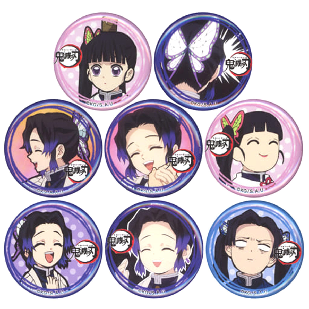 Demon Slayer: Kimetsu no Yaiba Shinobu Kocho & Others Loose Face Can Badge Shinobu Kocho & Kanao Tsuyuri & Aoi Kanzaki Ver. Character Emaki Cafe in Ufotable Cafe 6th Period Limited All 8 Types Set Buttons [USED]