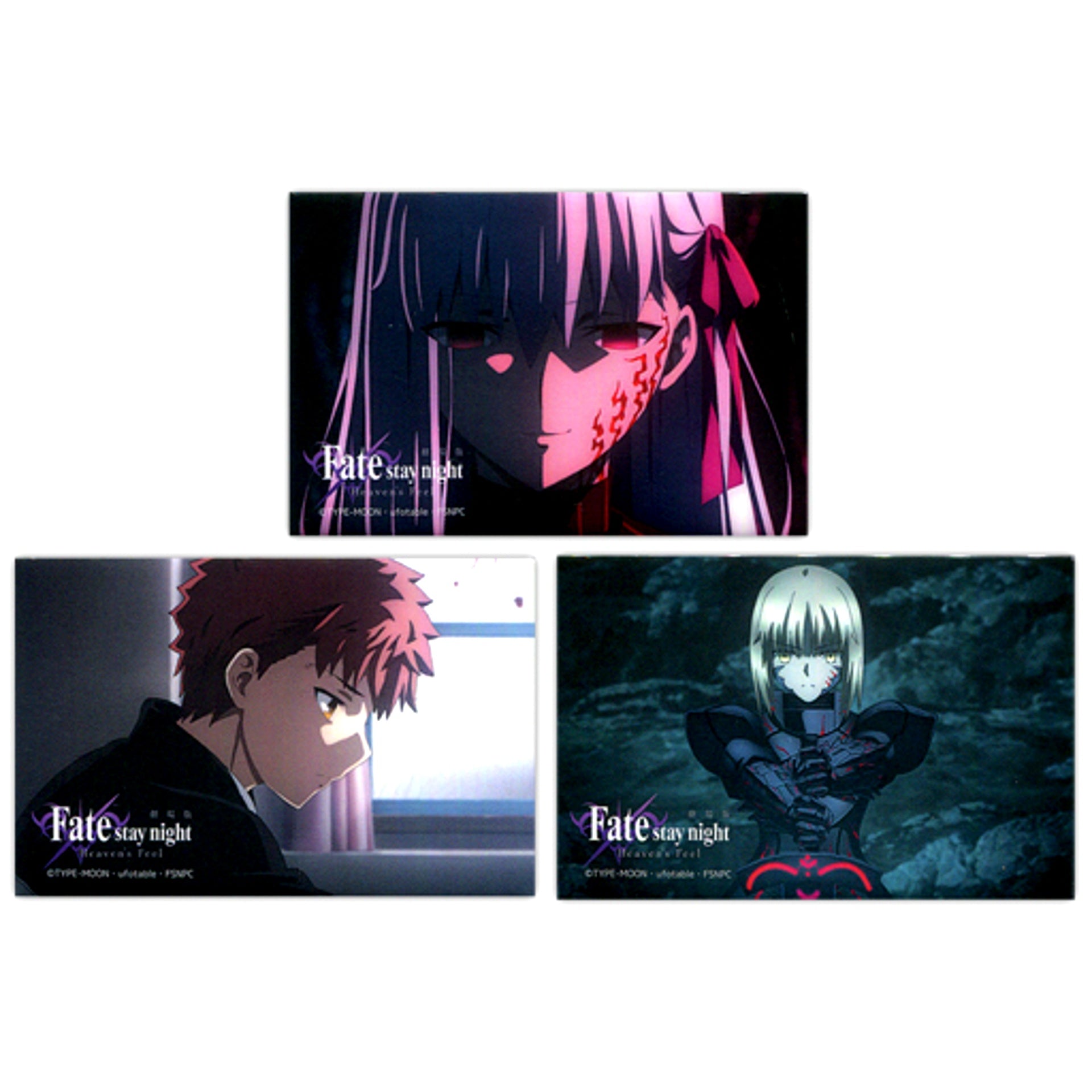 Set of 3 Sakura Matou Makiris Grail and Shirou Emiya and Saber Alter Fate/stay night Heavens Feel Scene Shot Square Button A III. spring song Movie Theater Goods [USED]