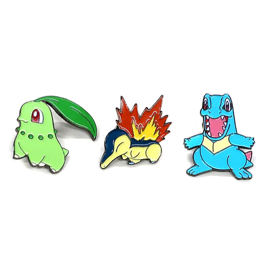 Set of 3 Chikorita & Cyndaquil & Totodile Pokemon Gold and Silver Anime Button CoroCoro Comic All Applicant Service [USED]