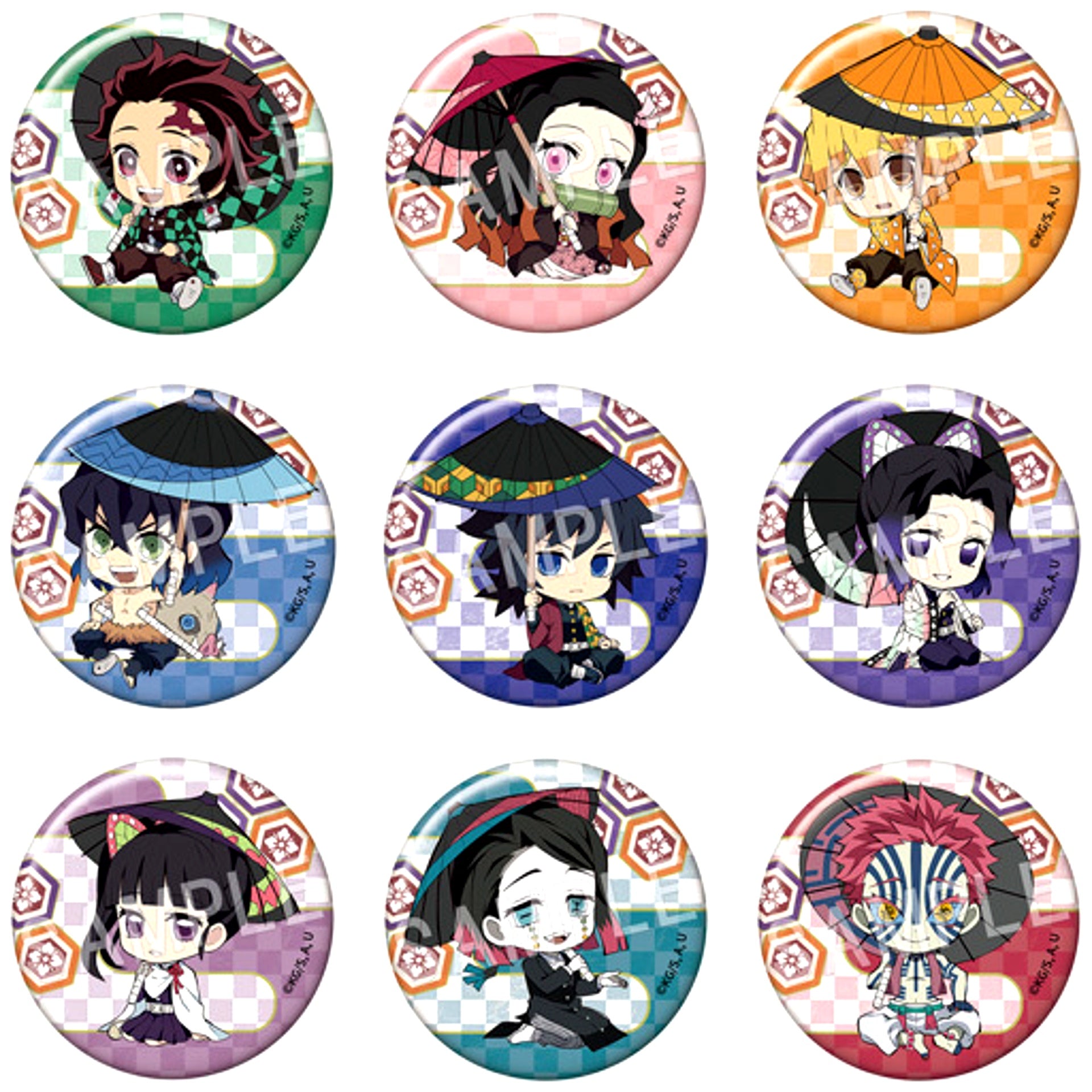 Set of 9 All Characters Demon Slayer Petanko Trading Button Wagasa Japanese Umbrella [USED]