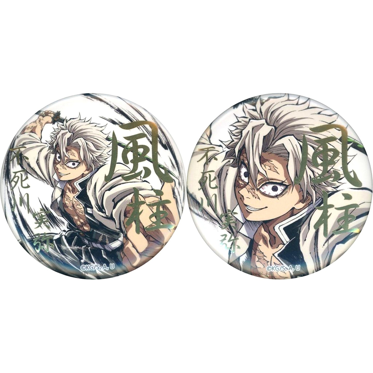 Set of 2 Foil Stamped 57mm Button Demon Slayer Swordsmith Village Hashira Training Arc Wind Hashira Sanemi Shinazugawa Intermission Art Book Cover Illustration WEB SHOP Kuji Prize E C105 Goods [USED]