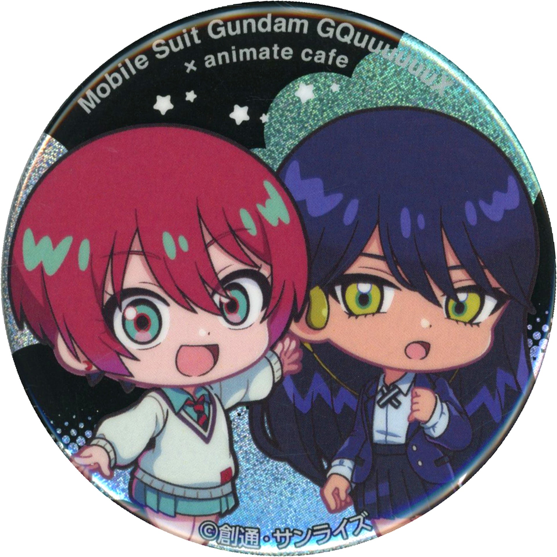 Machu & Nyaan Mobile Suit Gundam GQuuuuuuX -Beginning- x animatecafe Branch Trading Glitter Tin Badge [USED]