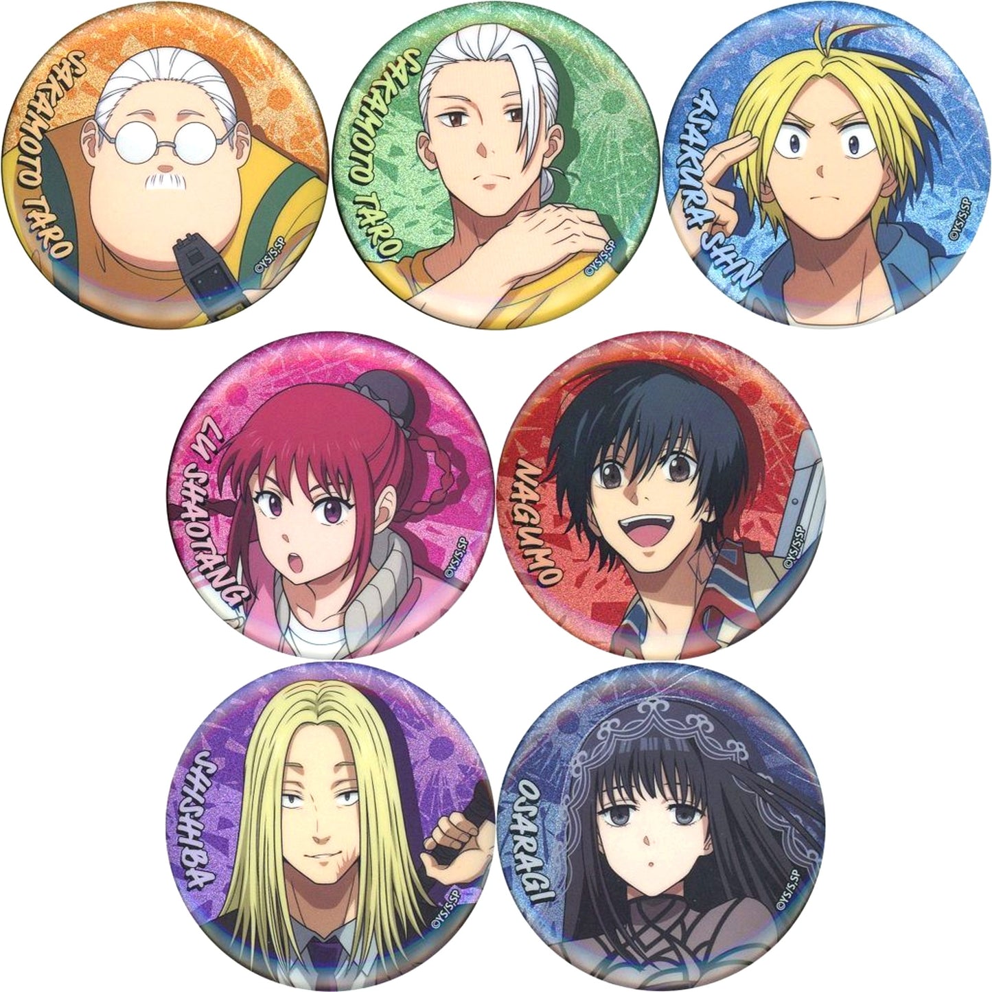 Set of 7 SAKAMOTO DAYS Glitter Sparkle Button Collection [USED]