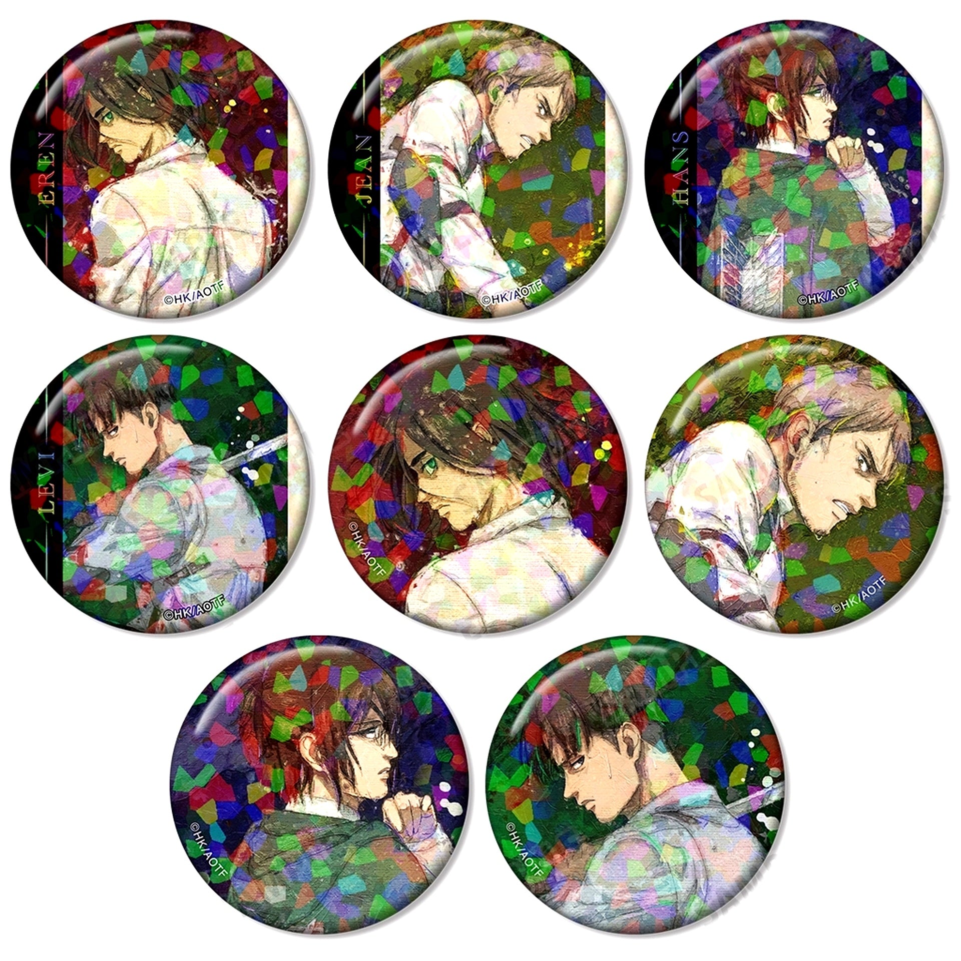 Set of 8 Attack on Titan Newly Drawn Fighting Back Ver. Trading grunge CANVAS Hologram Badge [USED]