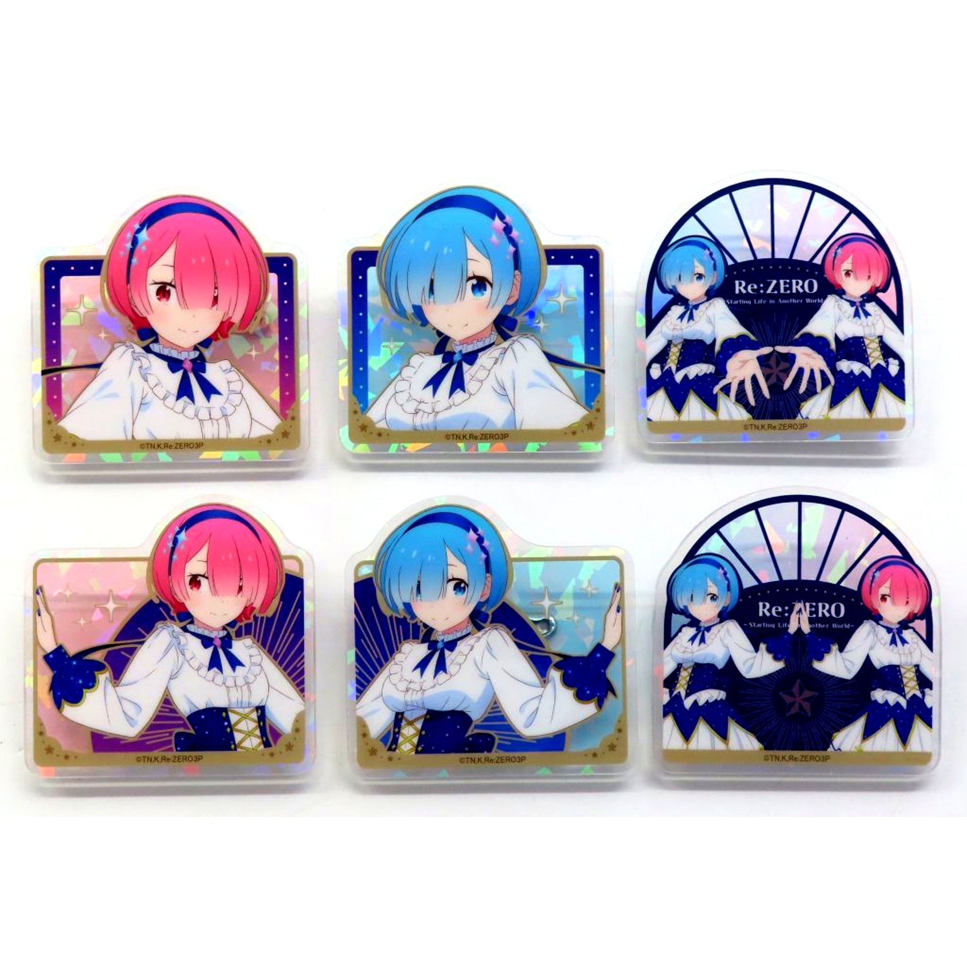 Set of 6 Re:ZERO Starting Life in Another World Trading Glitter Acrylic Badge Ram and Rem Birthday Life 2025 Ver in Marui [USED]