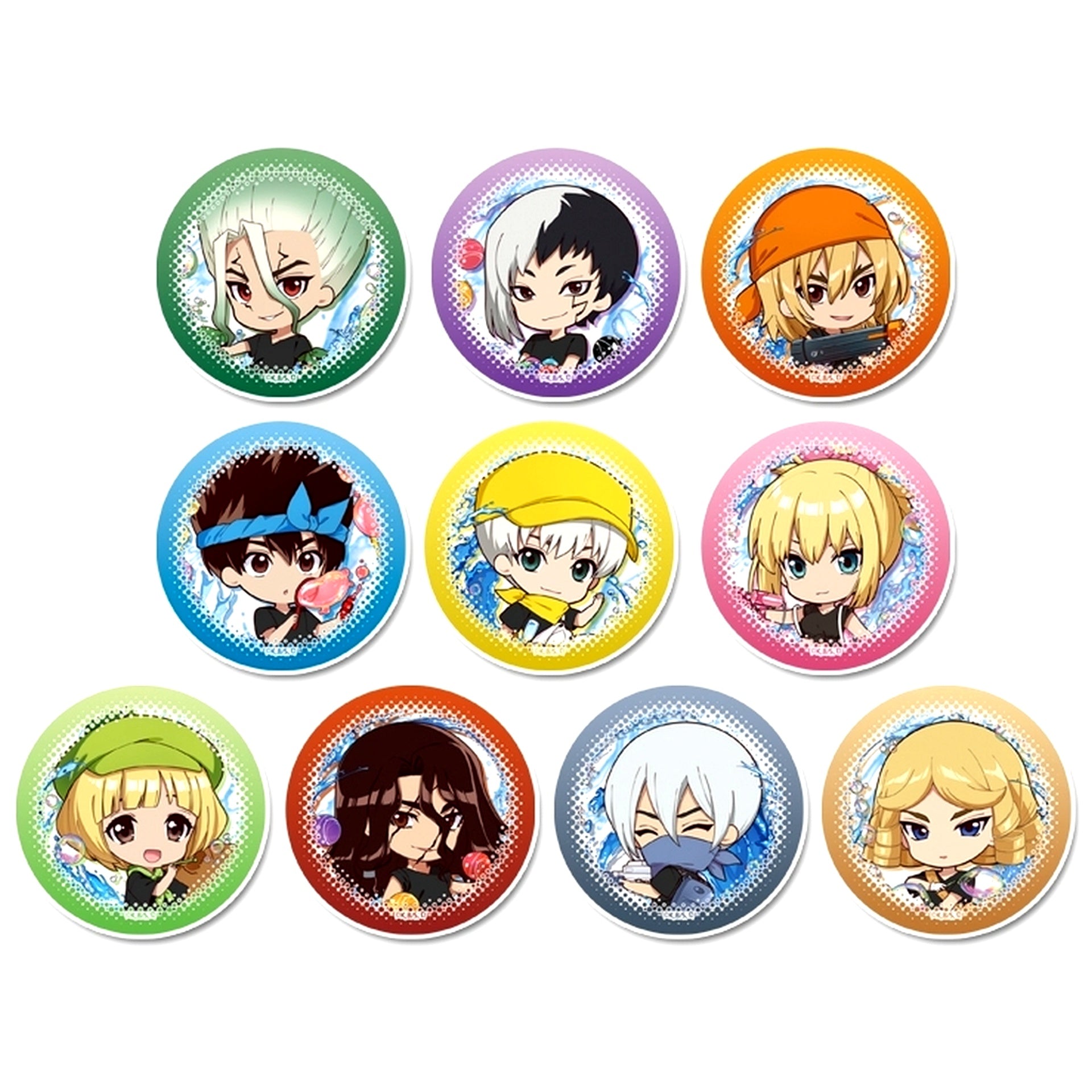 Set of 10 All Characters Dr. STONE Puchichoco Trading Button Splash Bubble [USED]