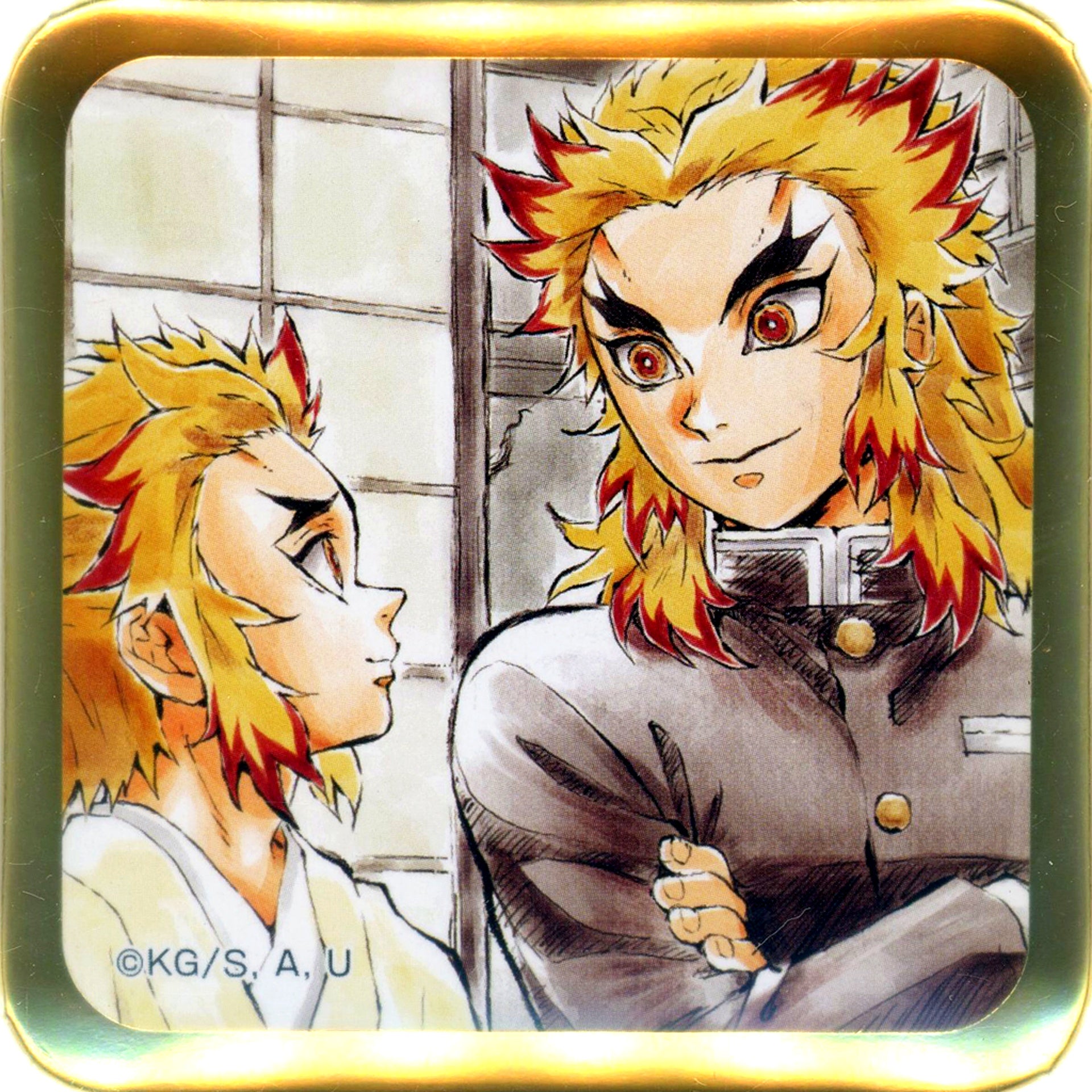 Kyojuro Rengoku & Senjuro Rengoku Demon Slayer Successive Special Edited Version Provided Illustration Square Button Amusement Kuji Prize ufotable DINING Kimetsu Theater Commemoration THEATER DINING Mugen Train Arc [USED]