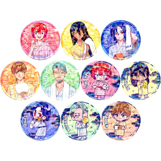 Set of 10 Mobile Suit Gundam GQuuuuuuX x Gokurakuyu RAKU SPA Is Bathing Free? Hologram Tin Badge Collection [USED]