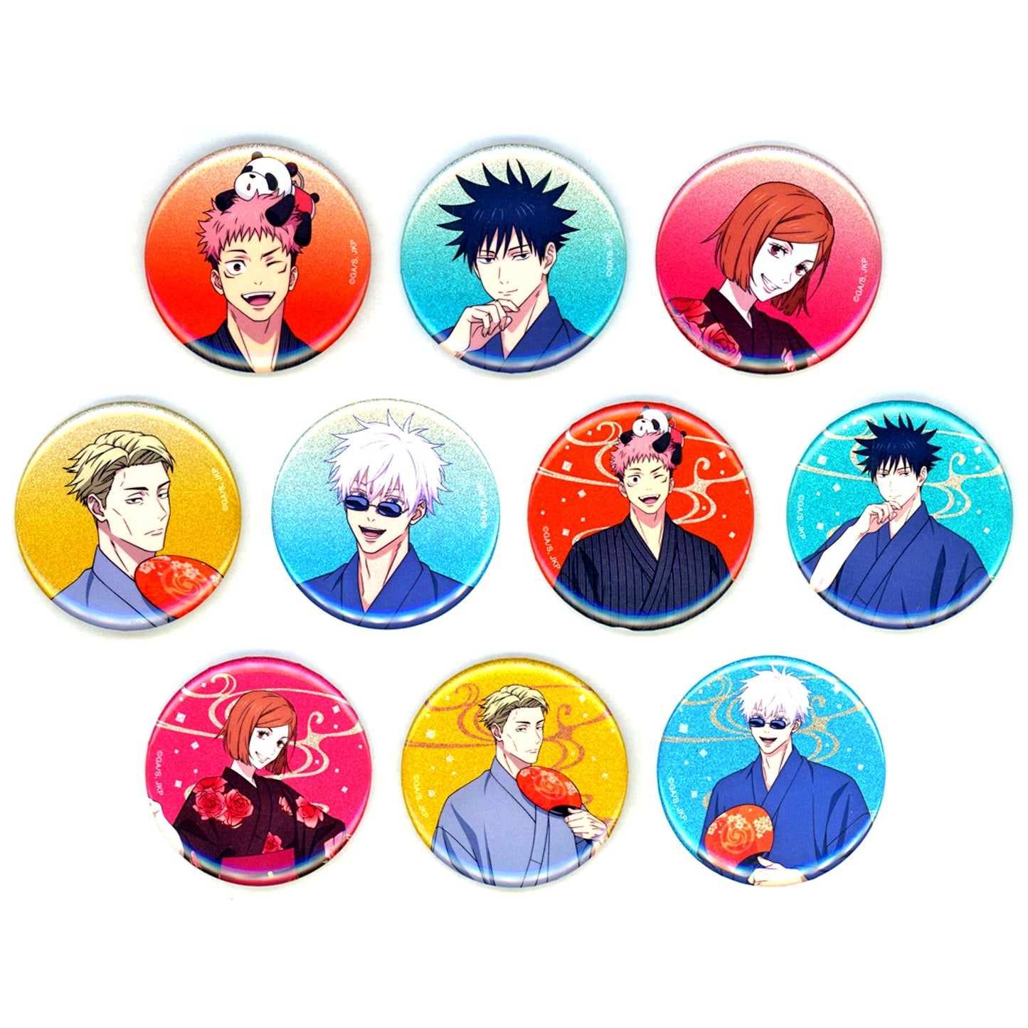 Set of 10 Jujutsu Kaisen Drawn Yukata ver. Trading Glitter Button [USED]