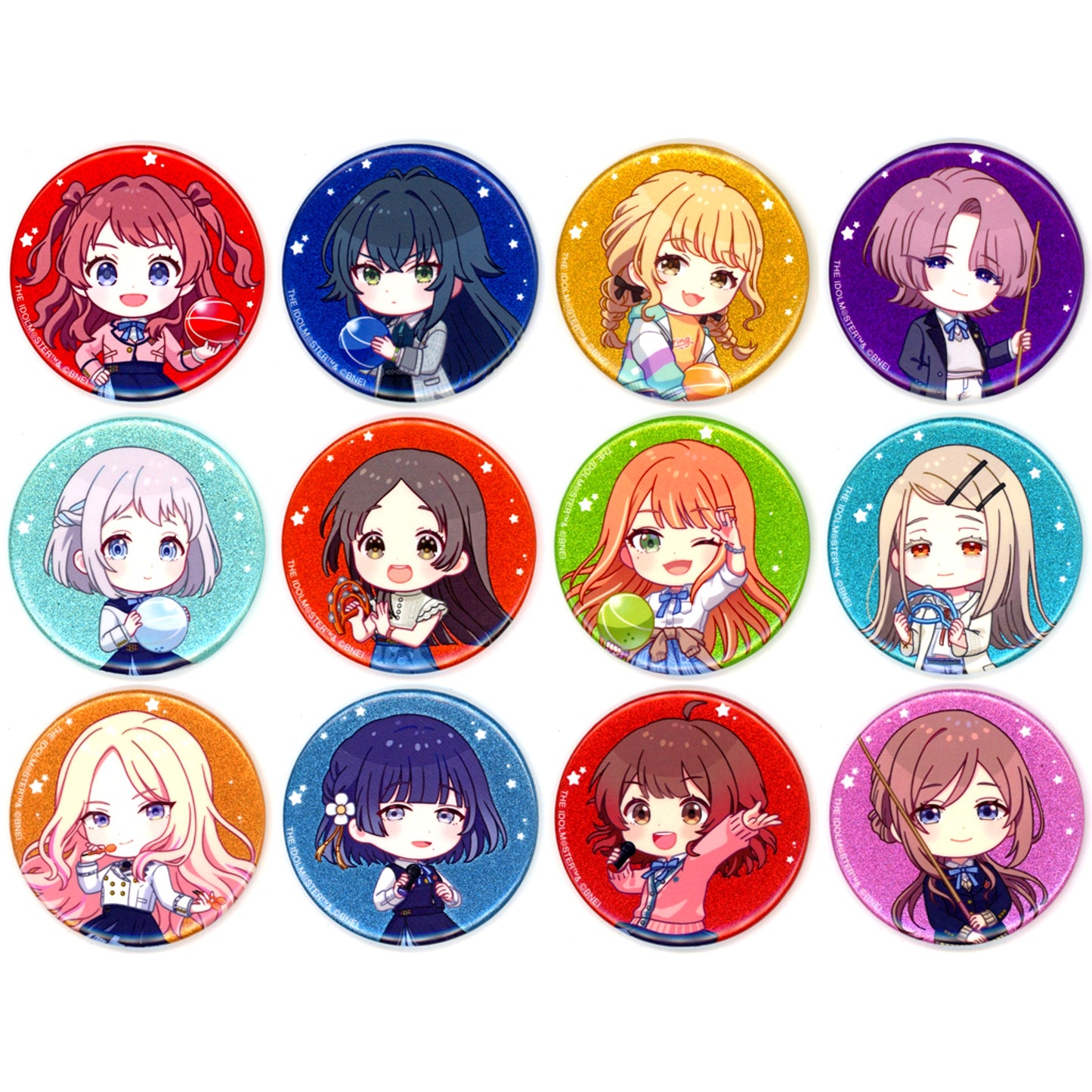 Set of 12 Gakuen Idolmaster x ROUND1 Trading Chibi Character After School Outing Ver. Glitter Tin Badge [USED]