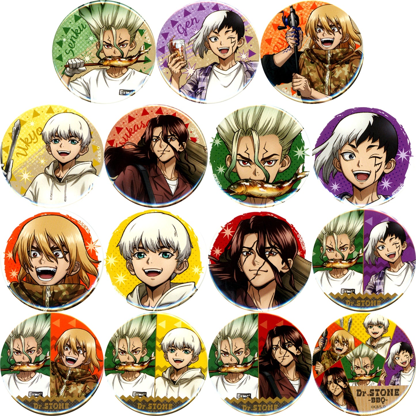 Set of 15 All Characters Dr. STONE Button Puchi Kuji BBQ Prize B [USED]