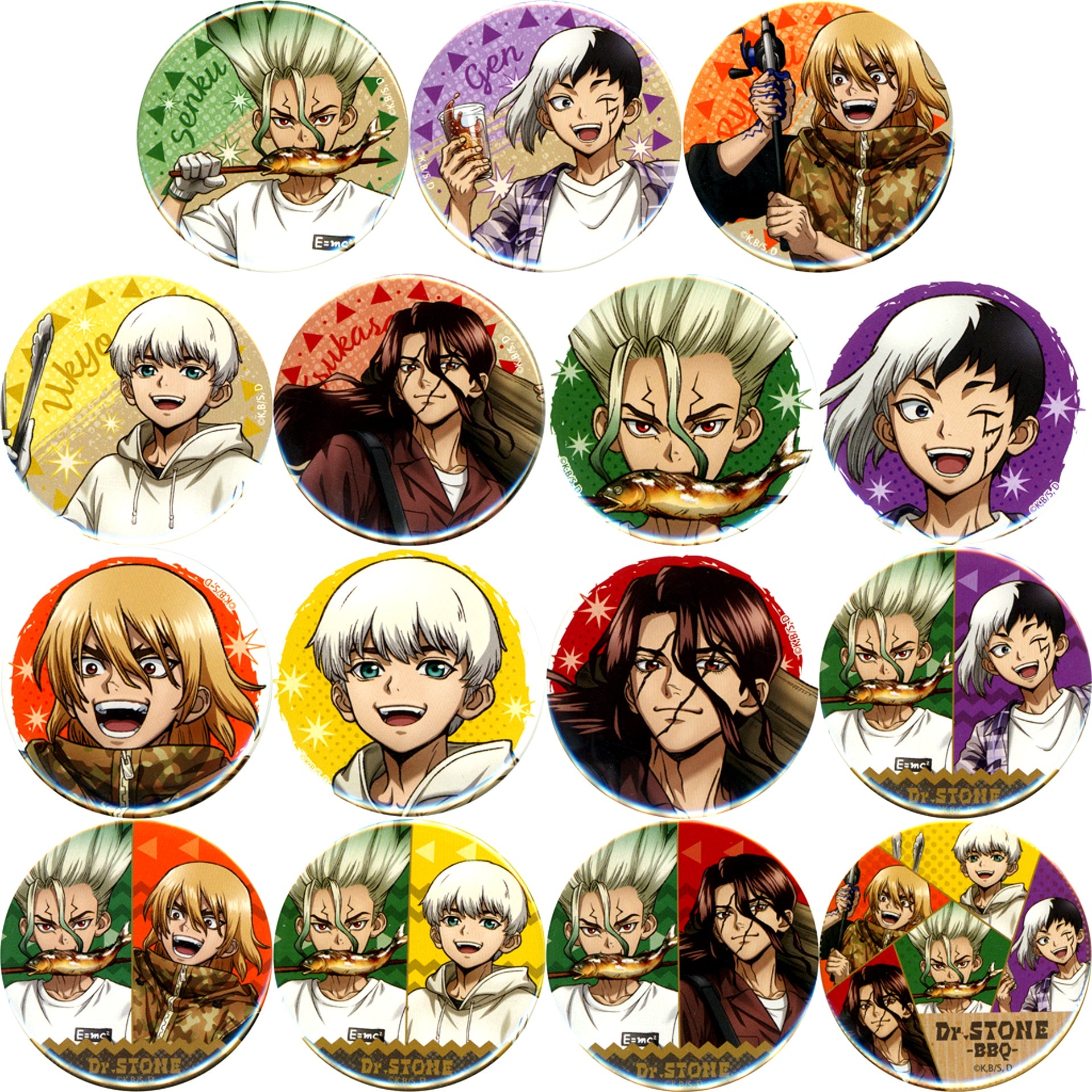 Set of 15 All Characters Dr. STONE Button Puchi Kuji BBQ Prize B [USED]