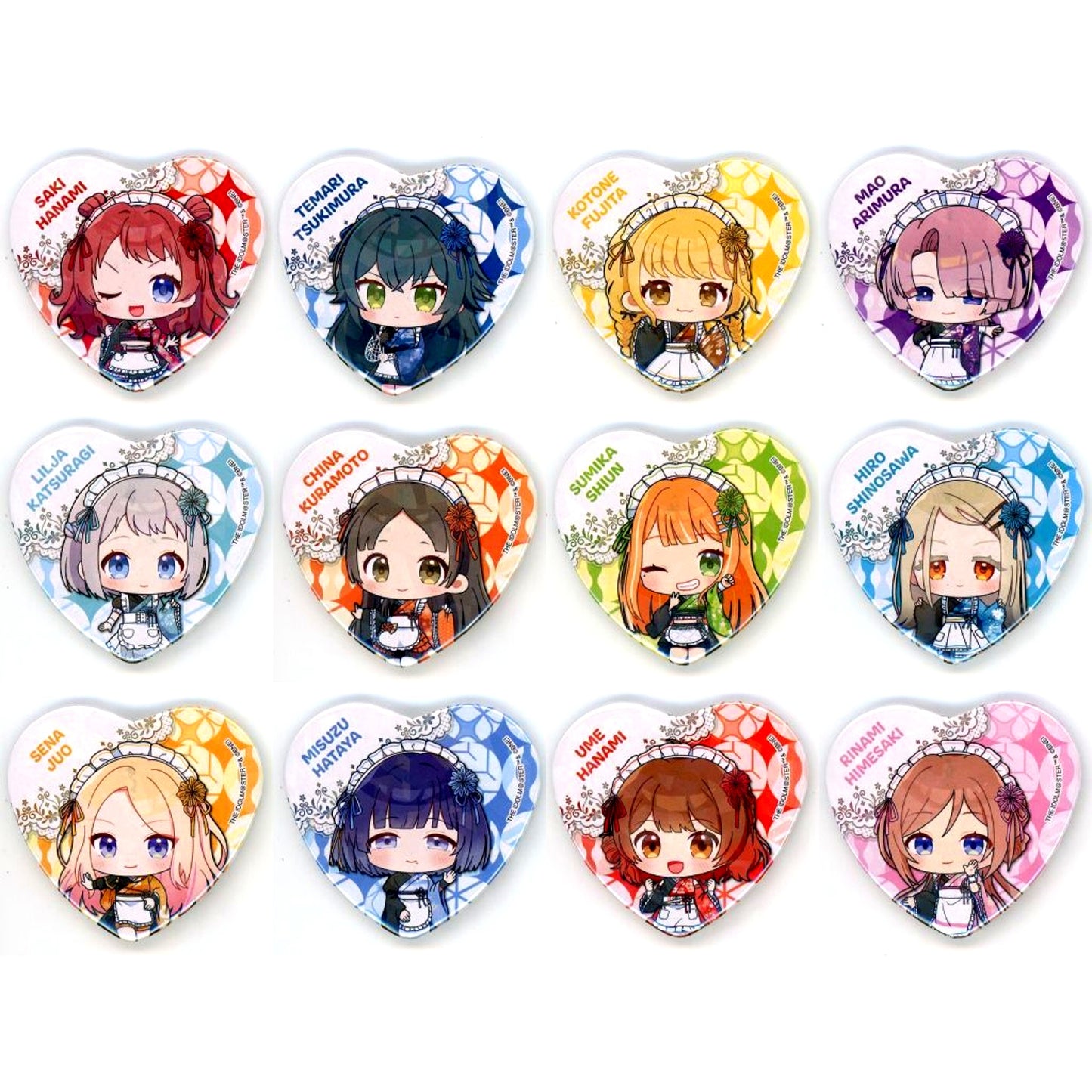 Set of 12 Gakuen Idolmaster Nippon Gourmet Kaido Hologram Heart Badge 02 Japanese Maid Ver. Mini Character Illustration [USED]