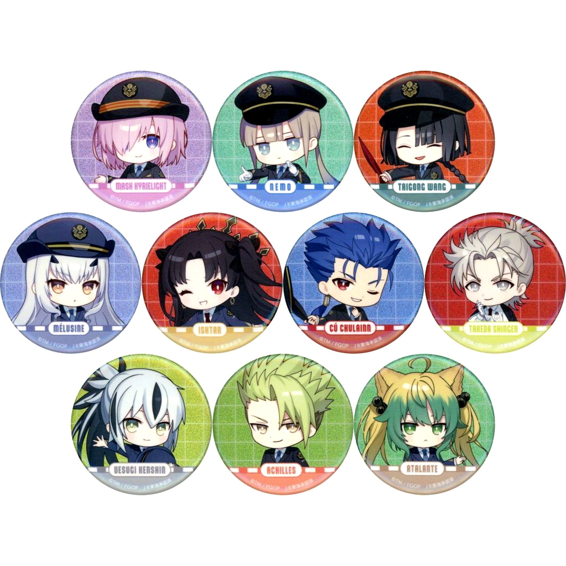 Set of 10 Chibi Character Fate/Grand Order Oshi Tabi JR Tokai x FGO Grand Journey Nagoya Collabo Ver. Glitter Button [USED]