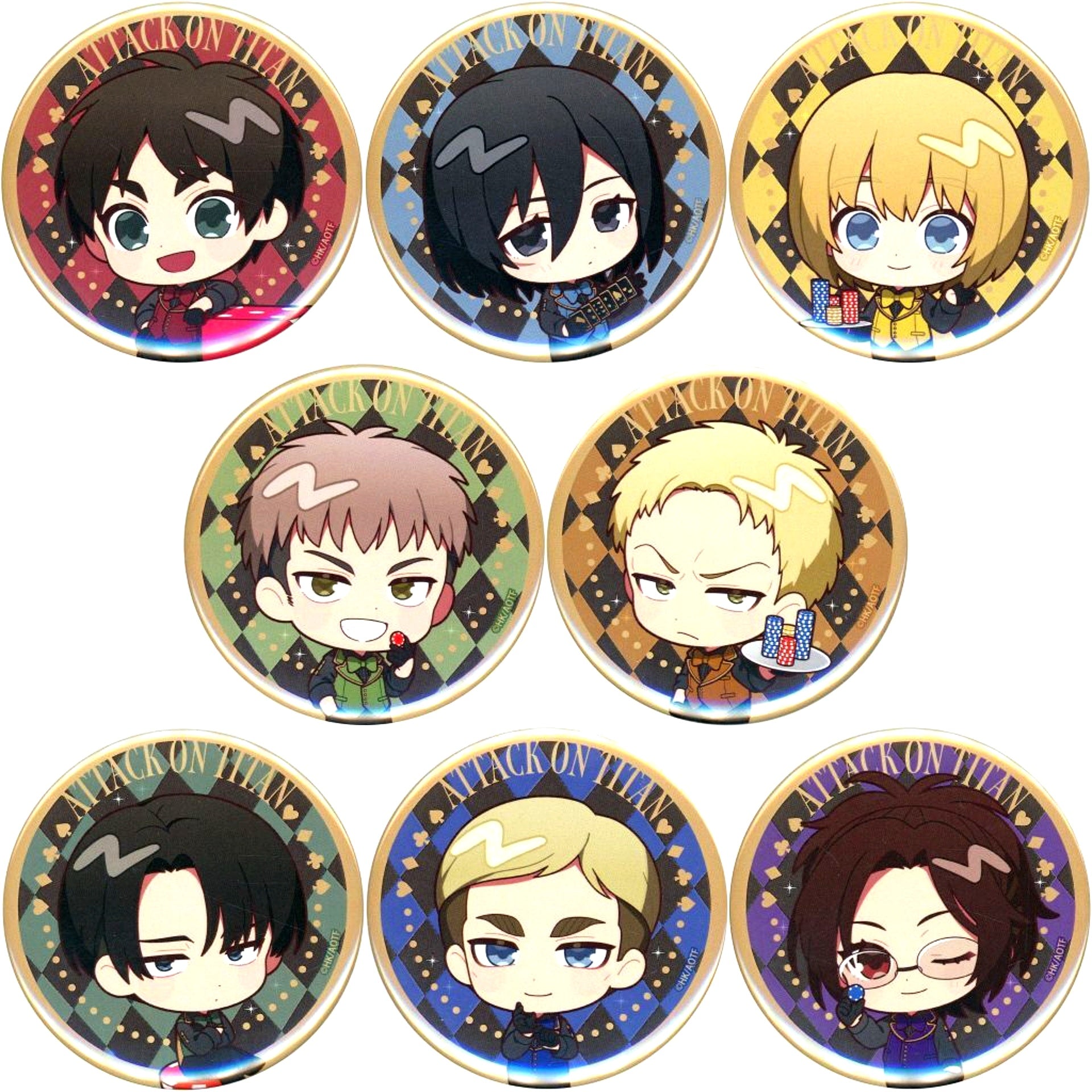 Set of 8 Attack on Titan Animega x Sofmap Pre-sale Fair Trading Deformed Button Casino Dealer [USED]