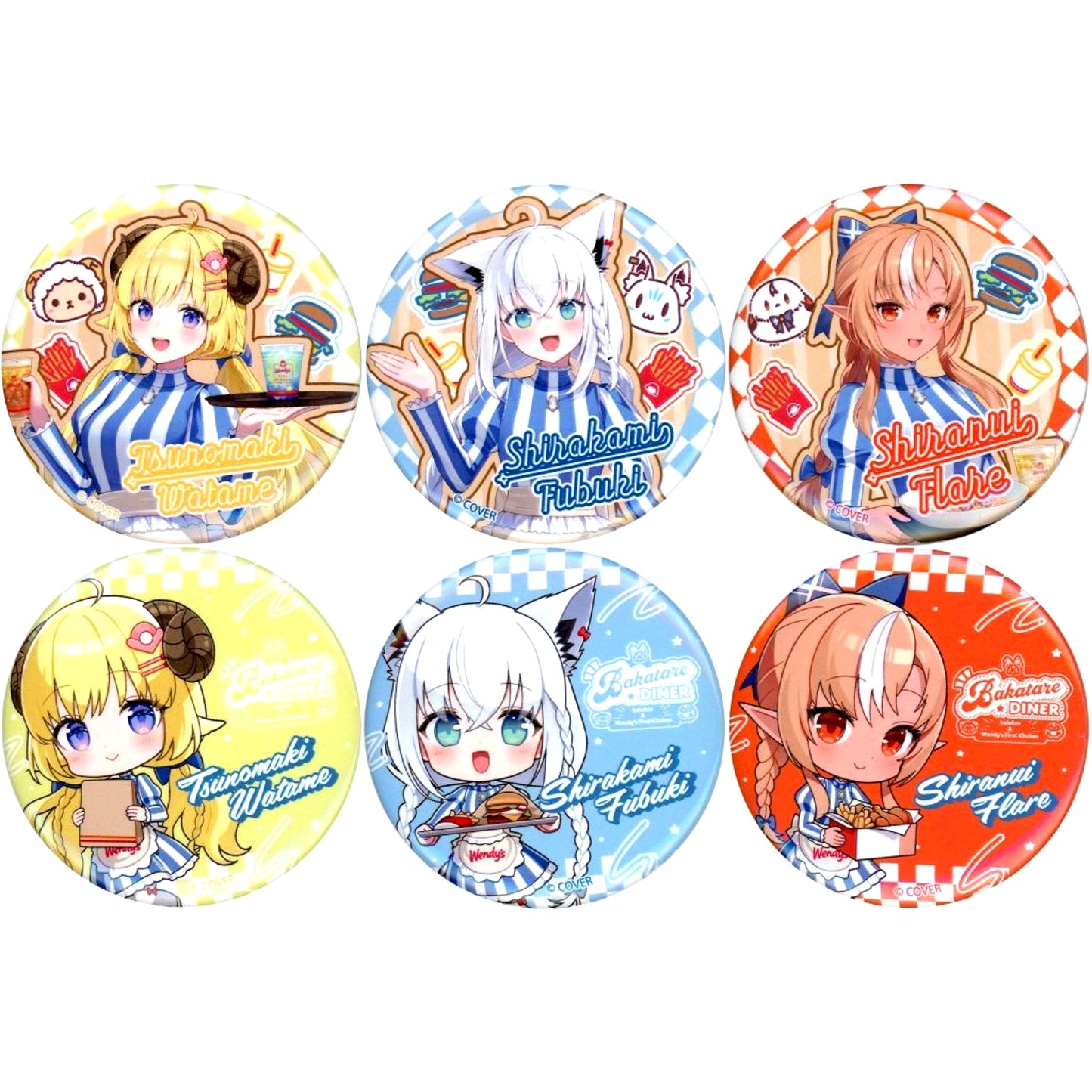Set of 6 Hololive Trading Button Hololive x Wendy's First Kitchen BAKATARE DINER [USED]