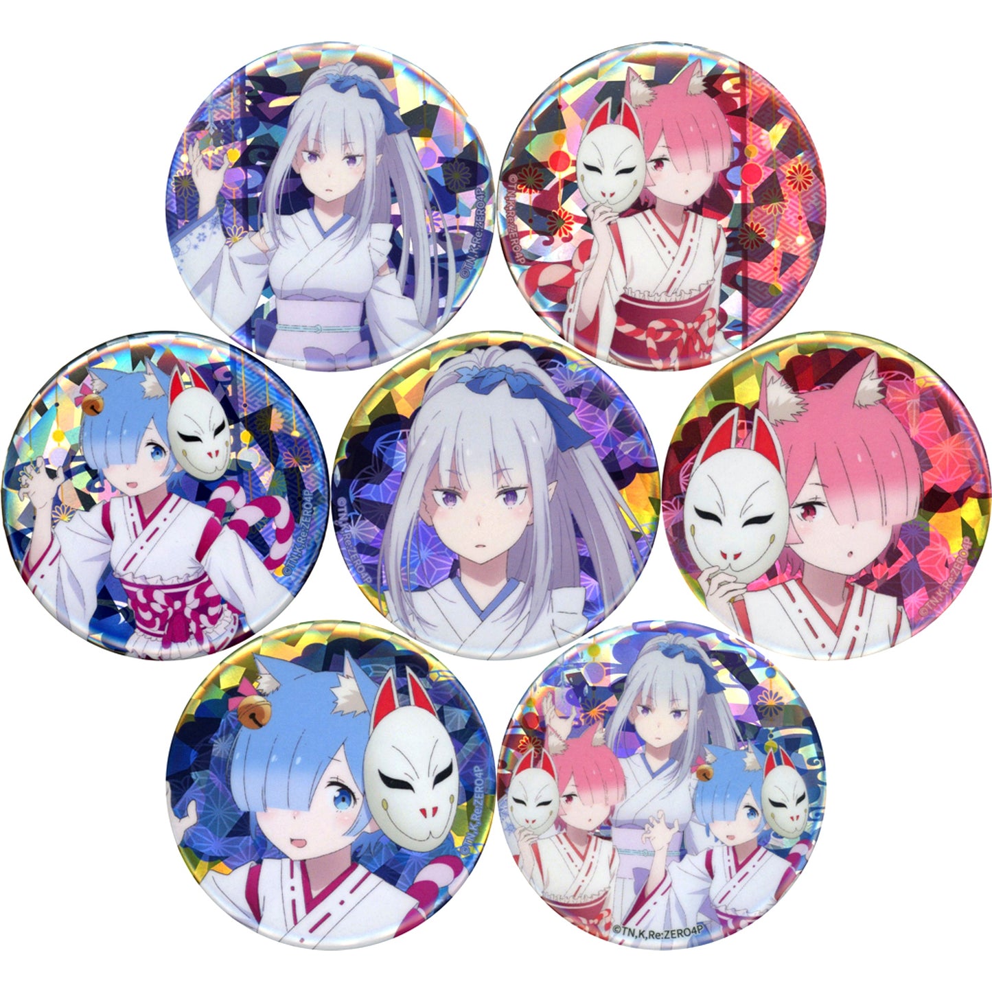 Set of 7 Re:ZERO Starting Life in Another World Trading Glitter Button Yokai Cos Ver [USED]