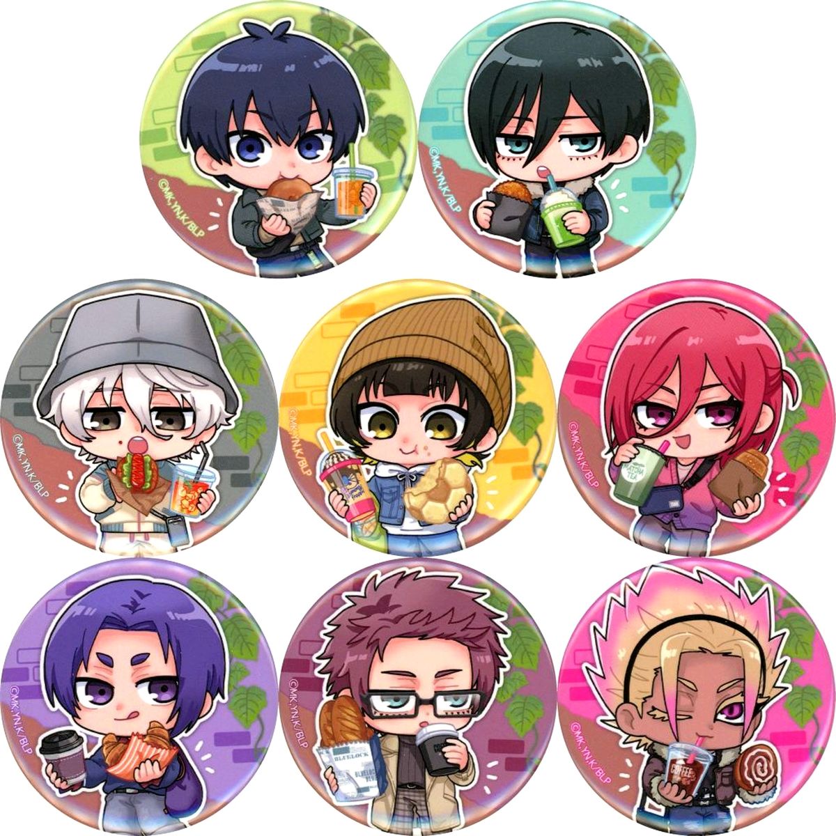 Set of 8 Blue Lock POP UP SHOP Freshly Baked Bread and Takeout Drinks in Tokyo Character Street Trading Button Online Plaza Exclusive [USED]