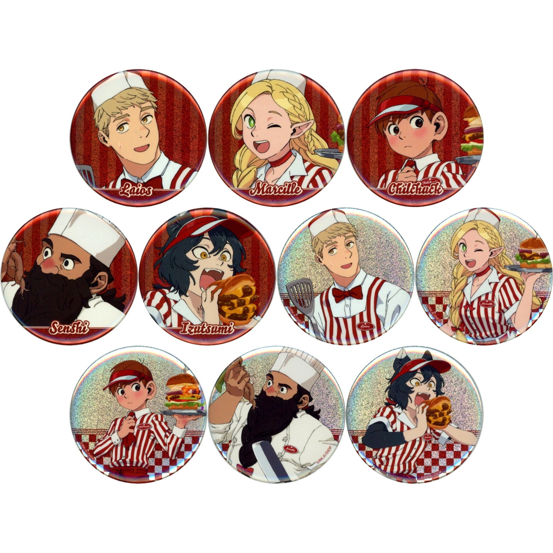 Set of 10 Delicious in Dungeon Drawn American Diner Ver. Ataritsuki Ichigeki Collection 75mm Hologram Button [USED]