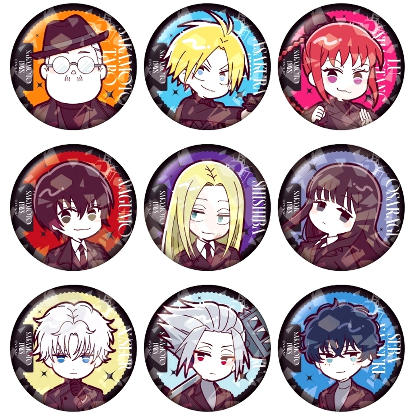 Set of 9 SAKAMOTO DAYS Mini Character Suit Series Trading Glitter Button [USED]