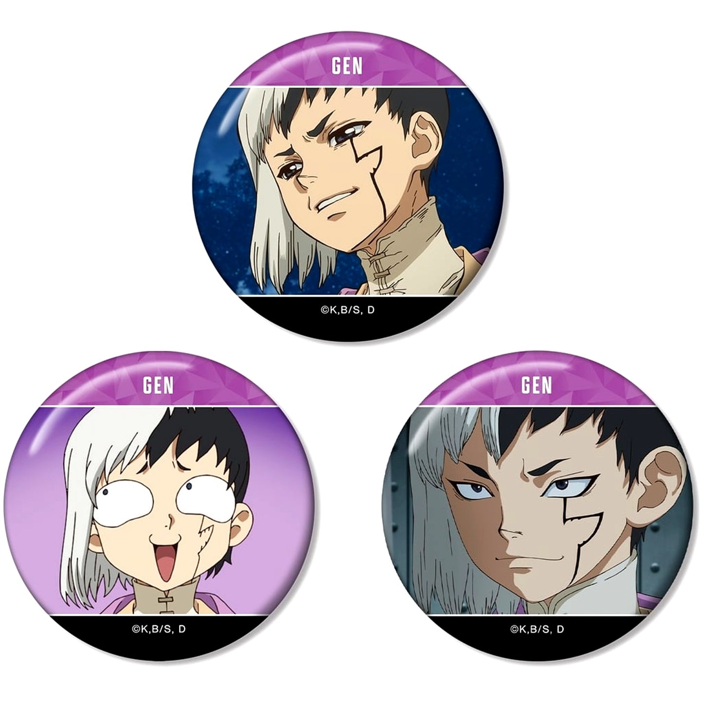 Set of 3 Gen Asagiri Dr.STONE TV Anime Scene Shot Buttons [USED]