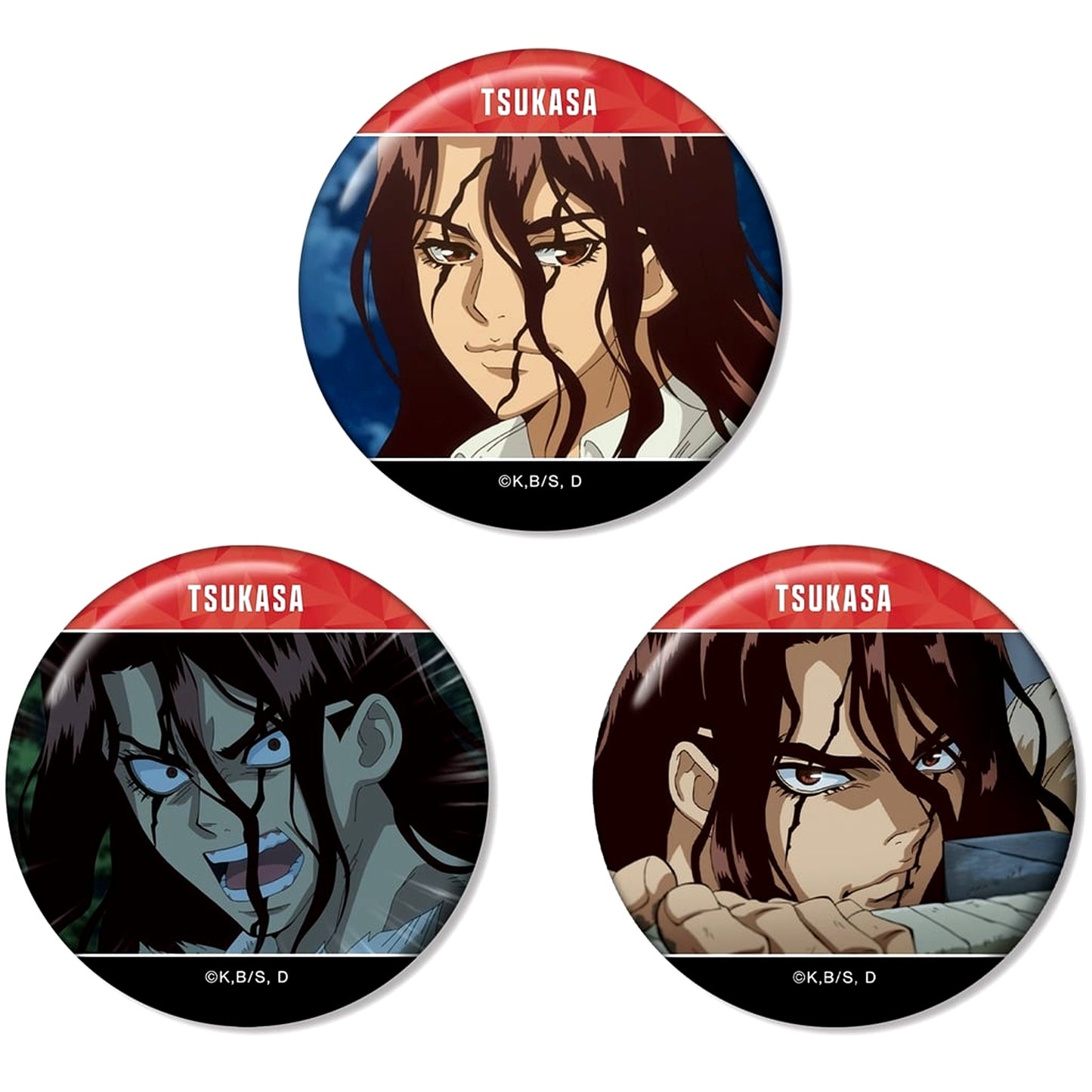 Set of 3 Tsukasa Shishio Dr.STONE TV Anime Scene Shot Buttons [USED]