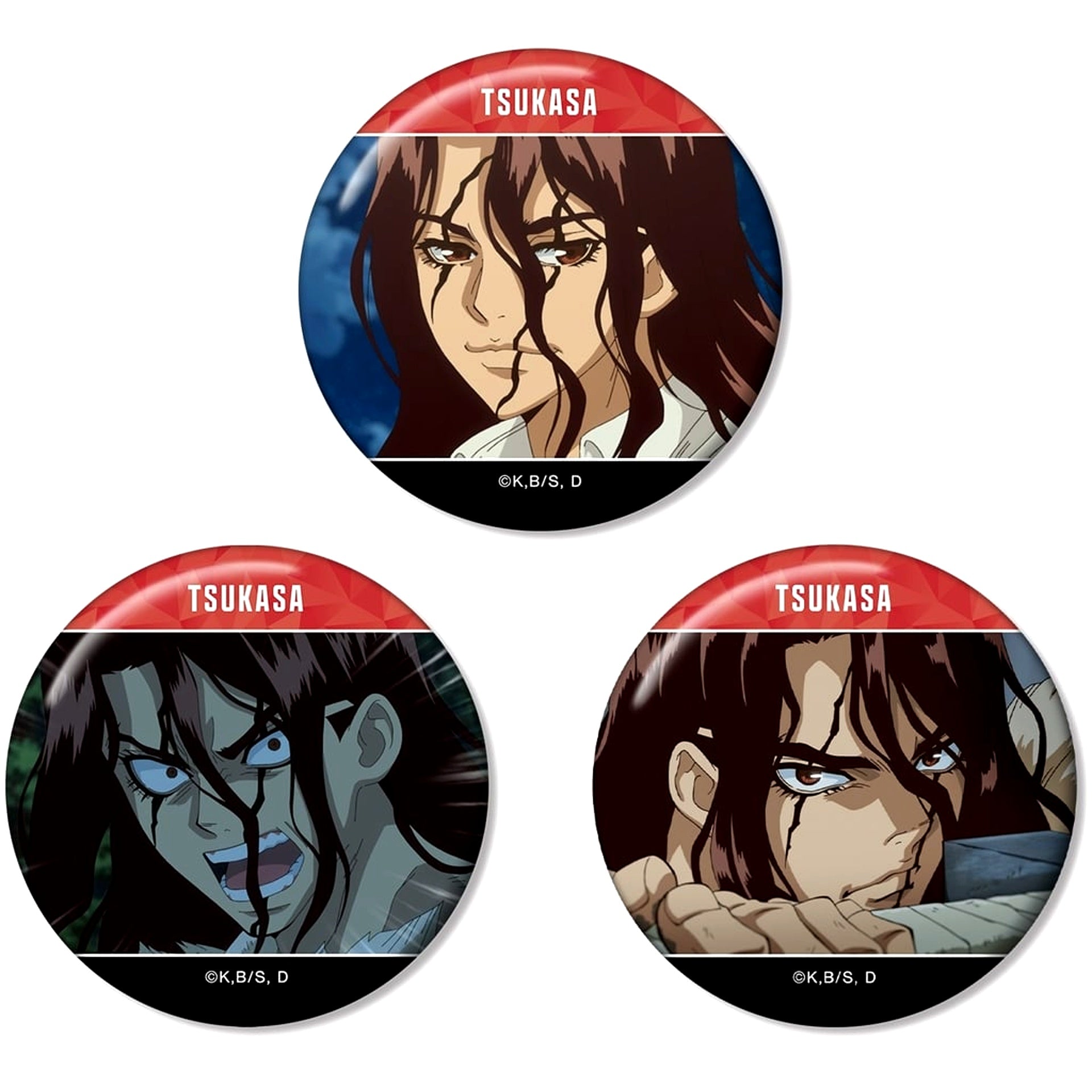 Set of 3 Tsukasa Shishio Dr.STONE TV Anime Scene Shot Buttons [USED]
