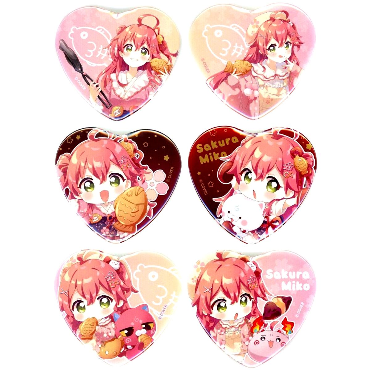 Set of 6 Sakura Miko Virtual YouTuber Holo Live x Naruto Taiyaki Honpo Part 4 Trading Heart Shaped Can Badge [USED]