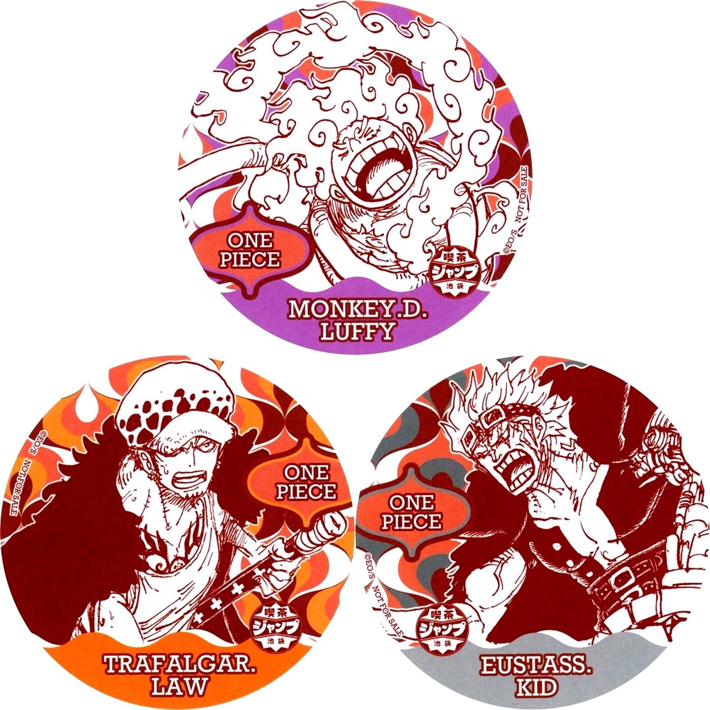 Set of 3 Luffy Nika & Law & Kid ONE PIECE JUMP SHOP 20th FESTIVAL Cafe Jump in Ikebukuro 2nd Half Coaster Target Menu Order Bonus [USED]