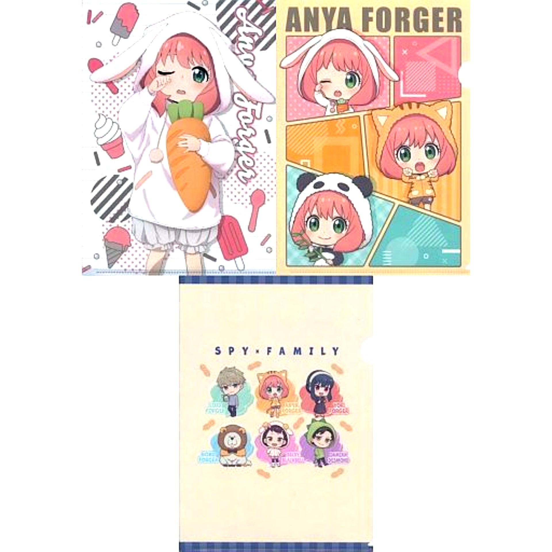 Set of 3 Anya Forger Rabbit & Mini Chibi Rabbit Cat Panda & Group Spy x Family A4 Clear Files A Don Quijote Limited [USED]