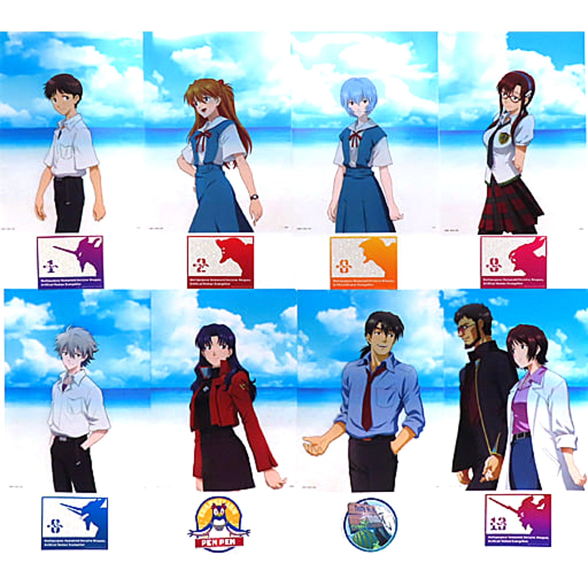 Evangelion Shinji Ikari & Others All 8 Types Set Ichiban Kuji Zenryoku Shisso! A4 Clear File & Sticker Set Prize K [USED]