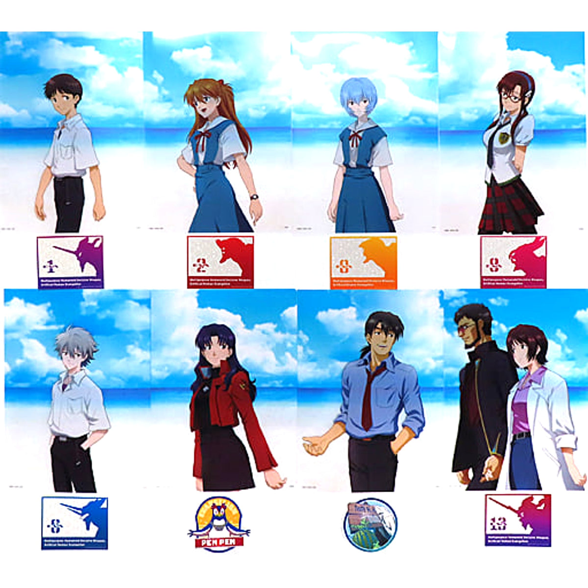 Evangelion Shinji Ikari & Others All 8 Types Set Ichiban Kuji Zenryoku Shisso! A4 Clear File & Sticker Set Prize K [USED]