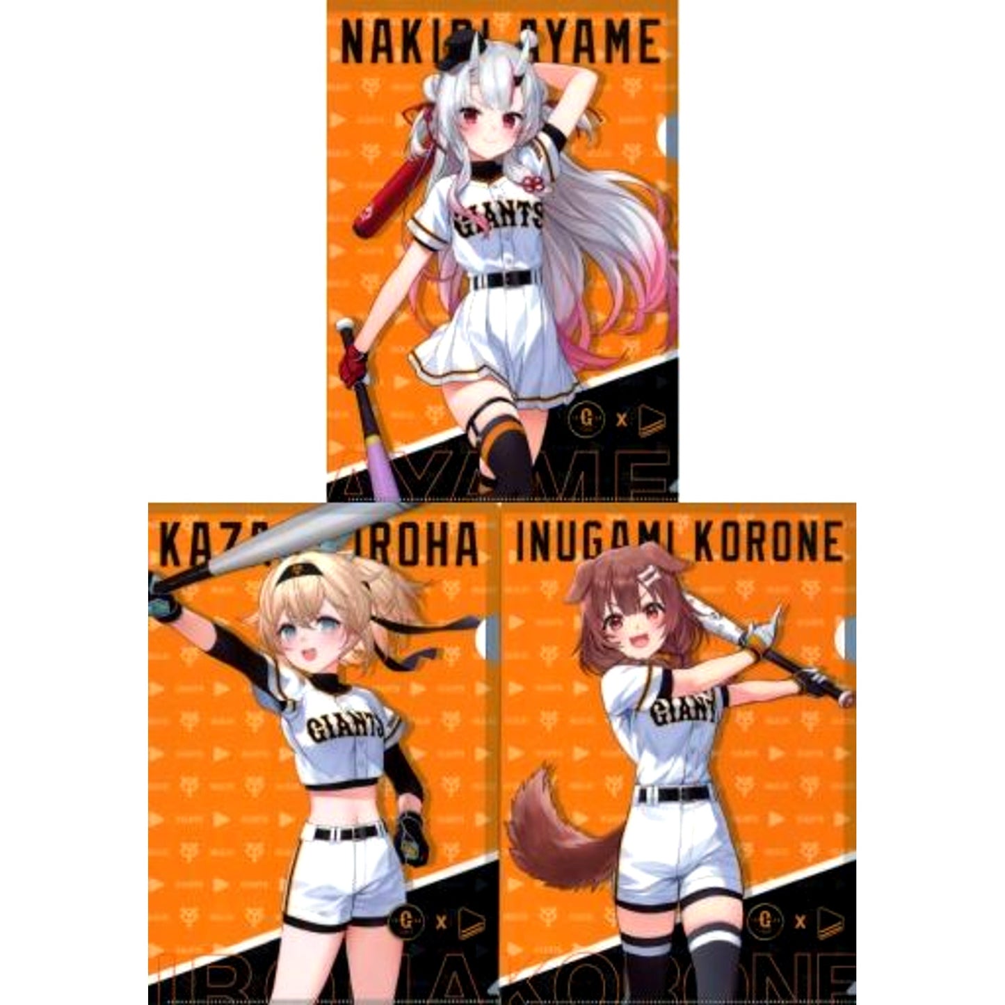 Set of 3 Nakiri Ayame & Inugami Korone & Kazama Iroha C A4 Clear File Set Yomiuri Giants x Virtual YouTuber Hololive [USED]